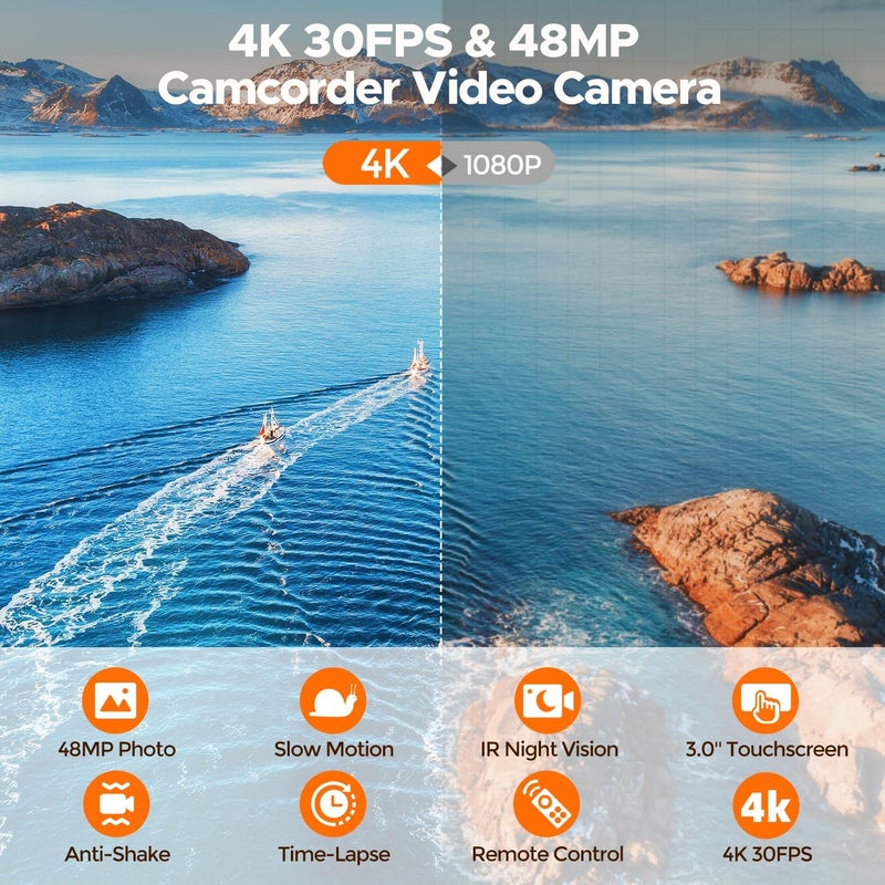 FIREFOTO Video Camera Camcorder 4K, 48MP Cam Corder with IR Night Vision, 16X Zoom Vlogging Video for YouTube, 3.0" 270° Rotation Touch Screen Podcast Camera with Battery/32GB SD Card/Remote Control - Image 2